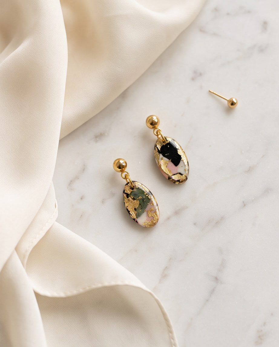 Gold Tone Ball Stud & Tortoiseshell Oval Drop Earrings