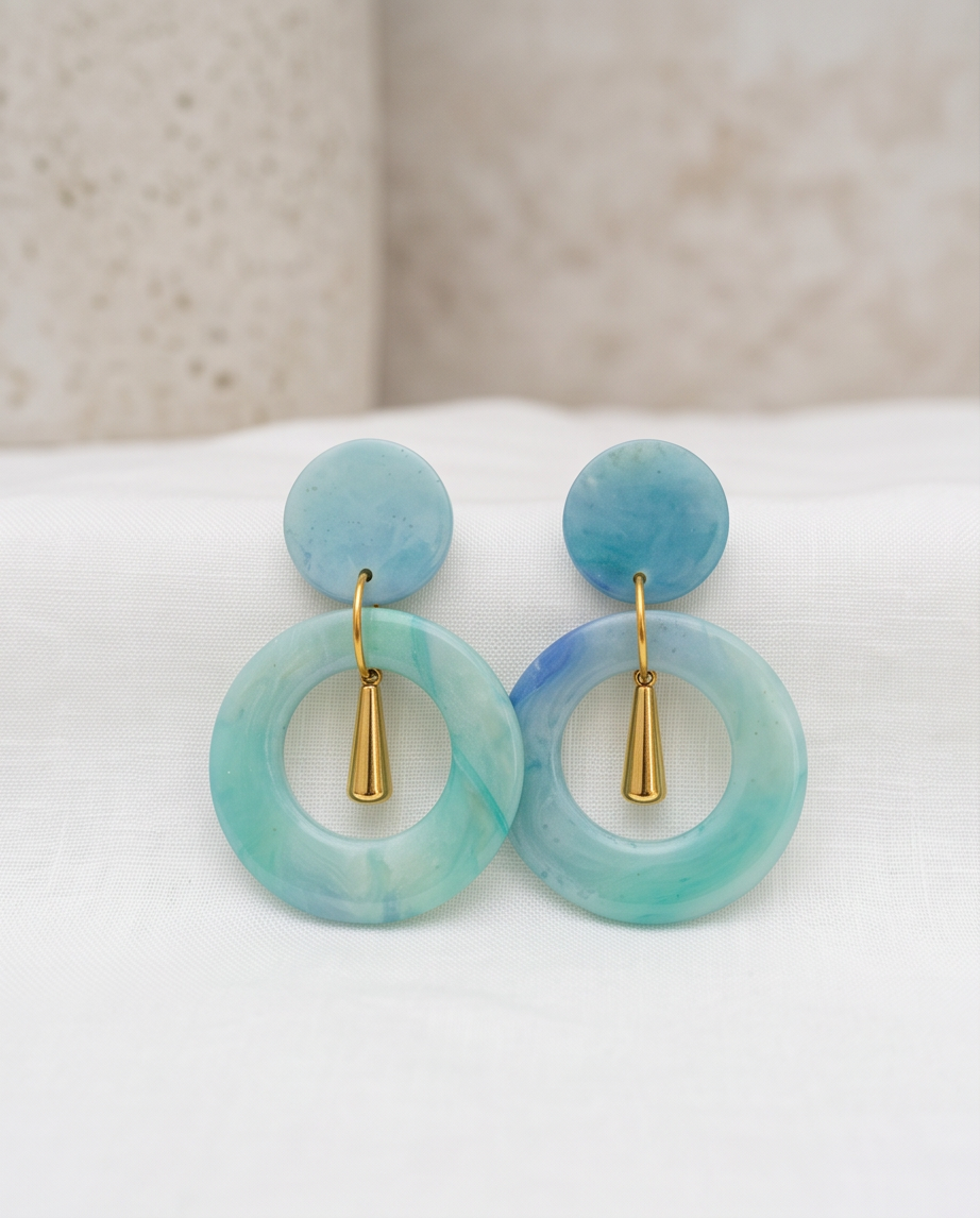 Aqua Marble Drop Hoop Earrings