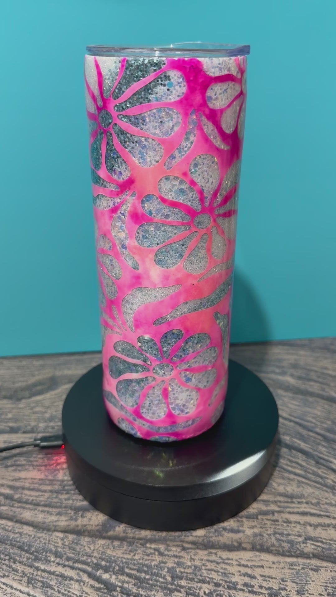 Hot Pink Floral Tumbler - 20oz Holographic Glitter
