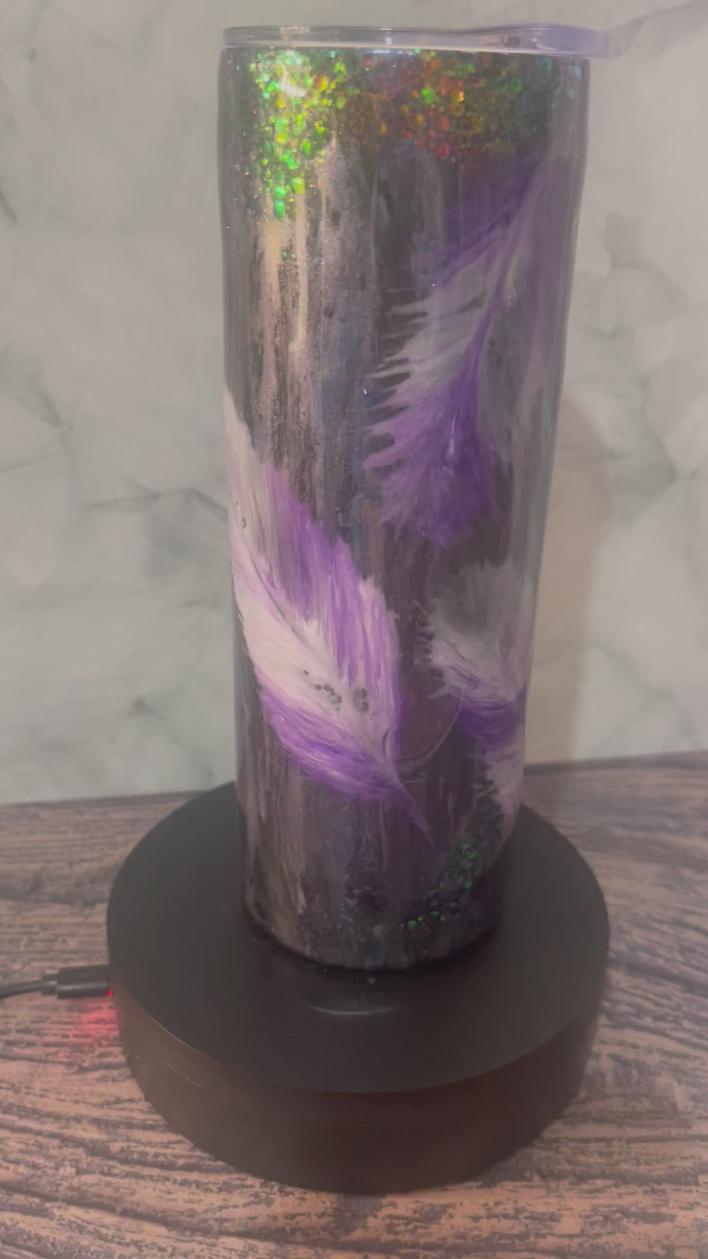 Purple Feather Tumbler - 20oz Insulated with Holographic Glitter Accents