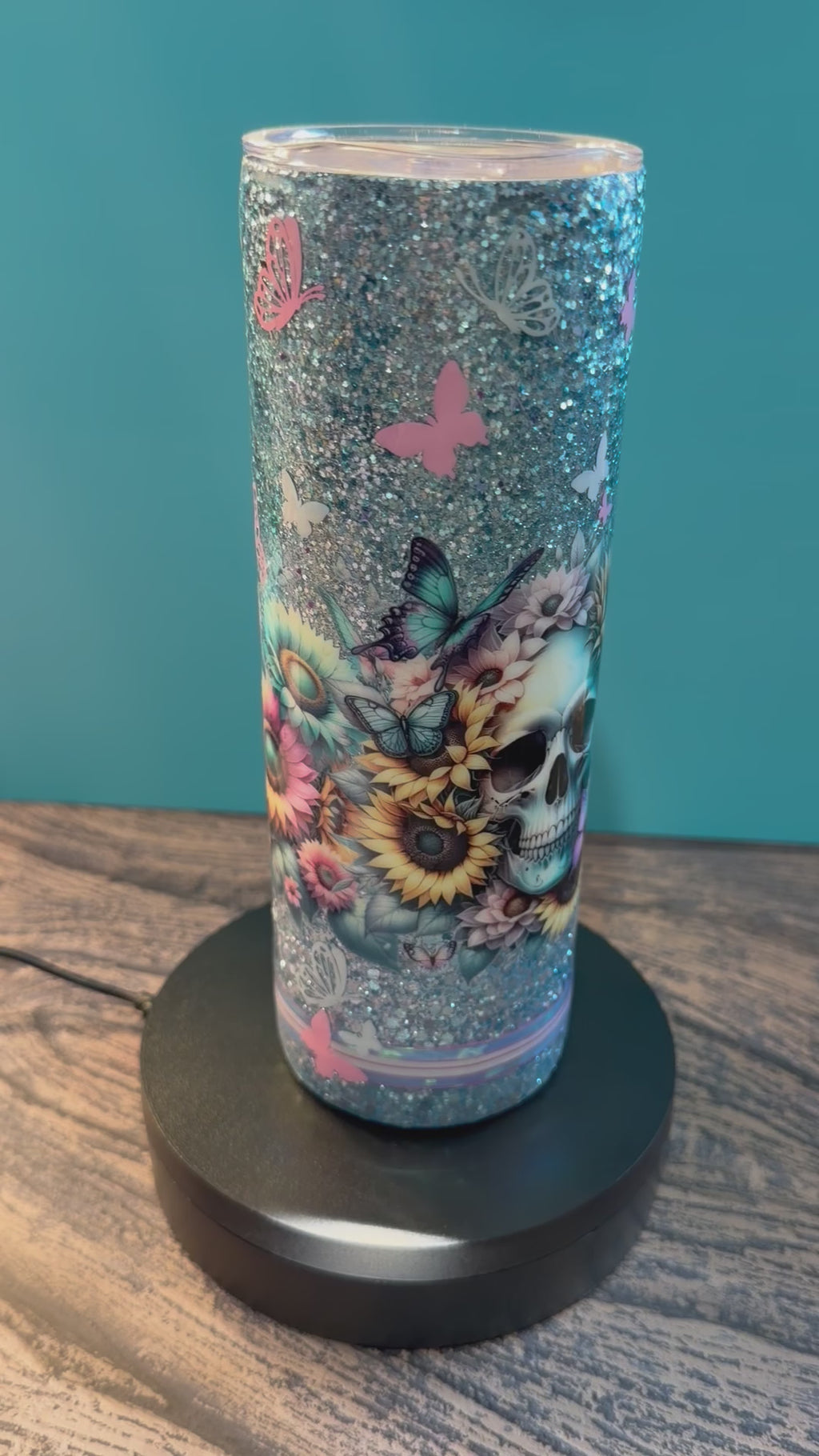 Day of the Dead Skull Tumbler - 20oz Glitter Insulated with Sunflowers & Butterflies