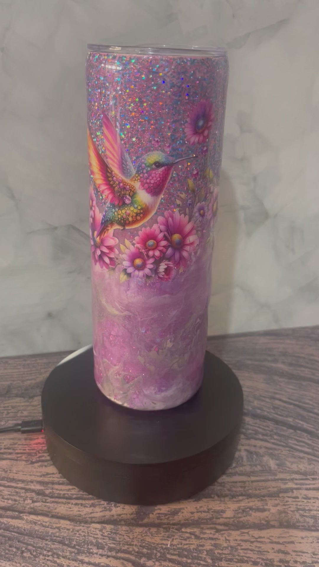 Hummingbird Tumbler - 20oz Insulated Purple Galaxy Glitter with Floral Design