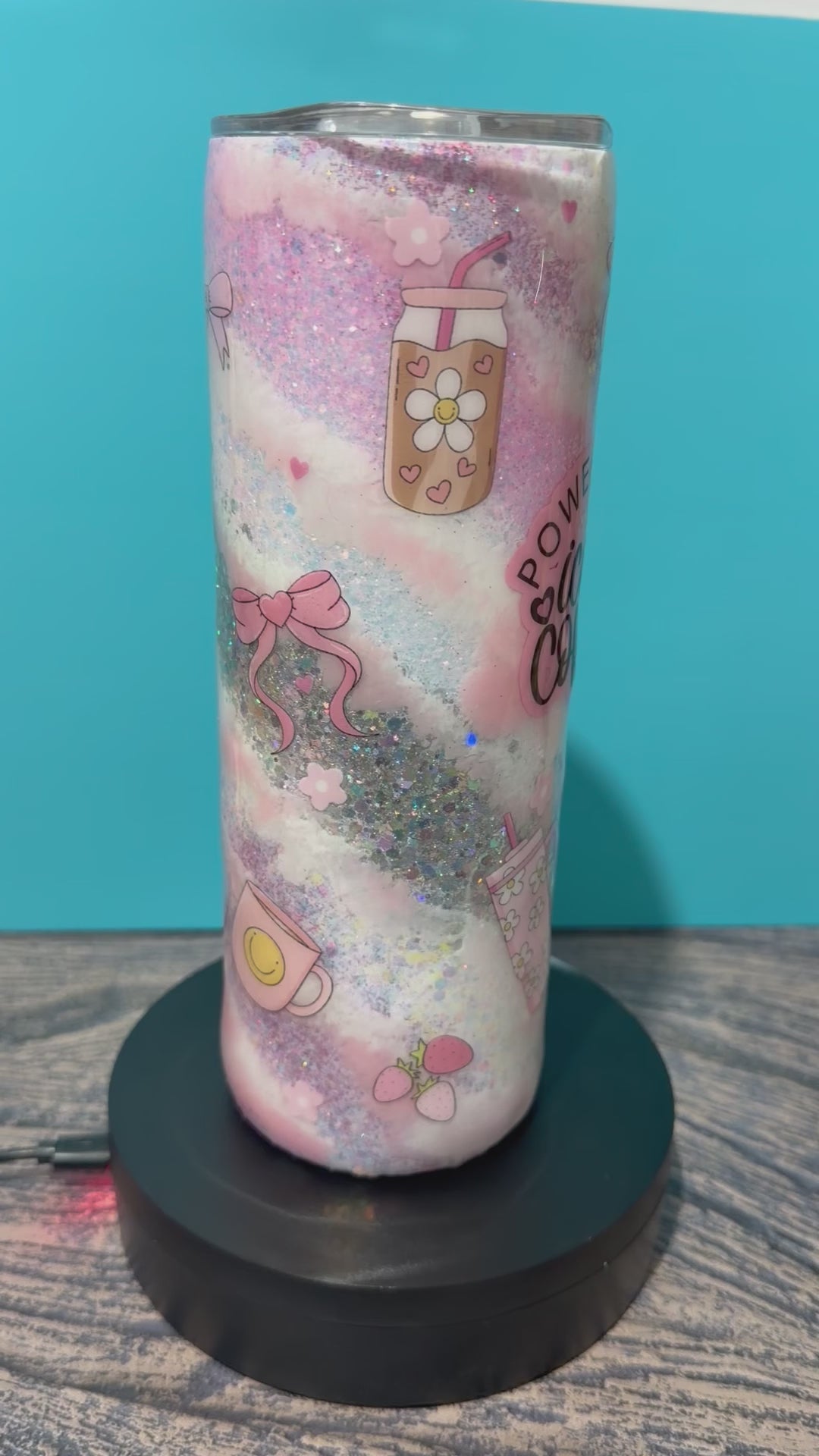 Powered by Iced Coffee Tumbler - 20oz Pink Glitter