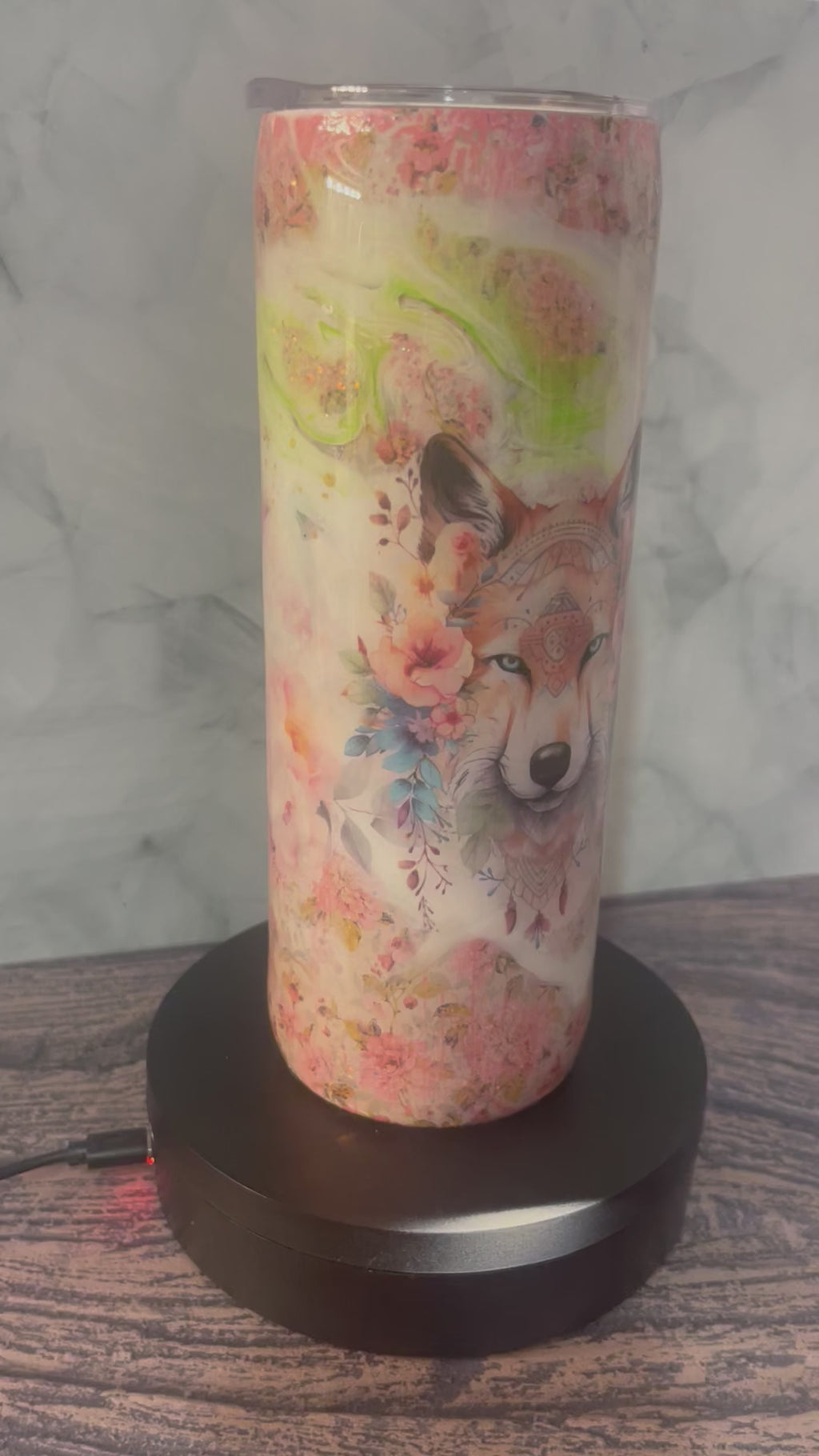 Mystical Wolf Tumbler - 20oz Insulated Watercolor Floral with Mandala Design